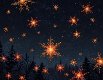 Golden snowflakes fall over a dark forest at night