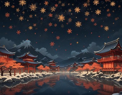 Snow falls on a japanese village by mount fuji