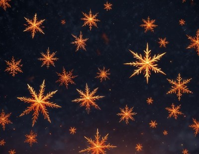 Golden snowflakes fall against a dark sky