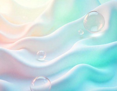 Bubbles float on a blue and white fabric