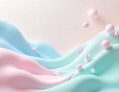 Pink and blue spheres float over pastel hills