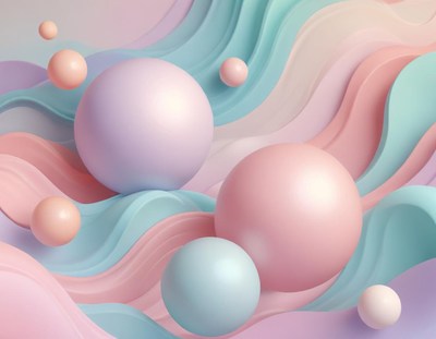 Pastel spheres float on wavy, colorful surfaces