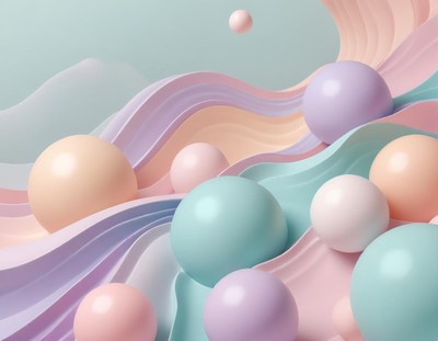 Pastel spheres float on a wavy surface