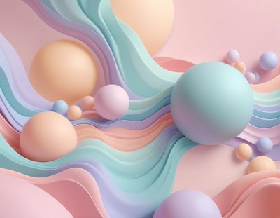 Playful abstract design of pastel spheres and lines