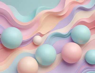 Pastel spheres on wavy, colorful background