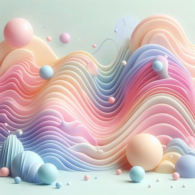 Pastel waves and spheres create a dreamy landscape