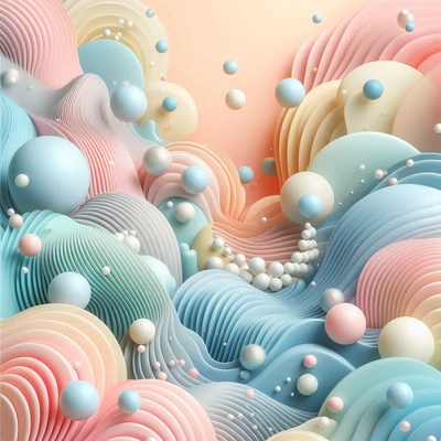 Pastel spheres float over a wavy landscape