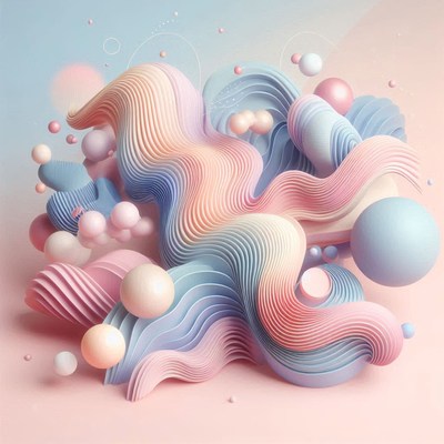 Abstract pink and blue waves float over a pink background