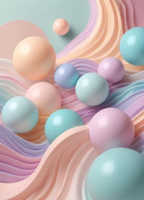 Pastel spheres roll down a wavy surface