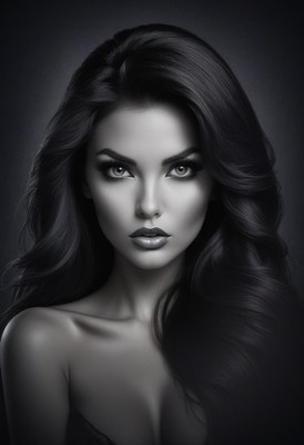 A woman with long dark hair poses against a gray backdrop