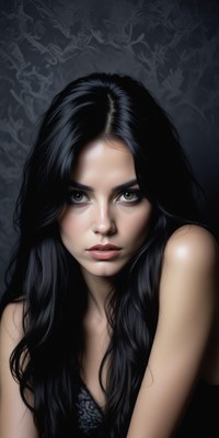 A woman with long black hair looks directly at the camera