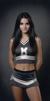 Cheerleader poses against a gray backdrop
