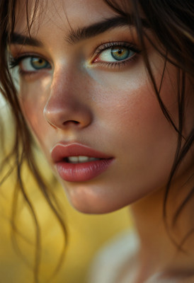 A close-up portrait of a woman with green eyes