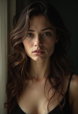 A woman with long brown hair stands near a window