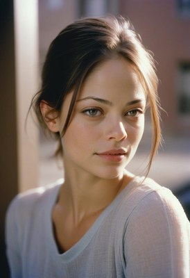 A young woman looks over her shoulder, smiling