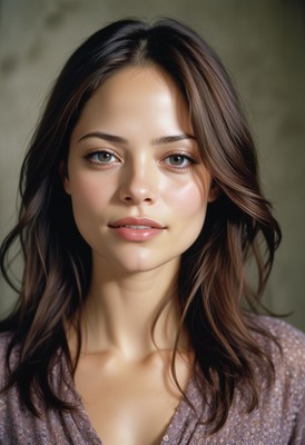 A woman with long brown hair looks directly at the camera