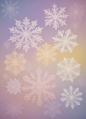 Intricate snowflakes fall on a pastel background