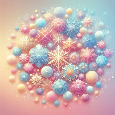 Colorful snowflakes and orbs create a winter wonderland