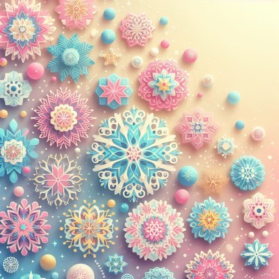 Colorful snowflakes decorate a winter scene