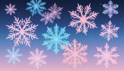Pink and blue snowflakes fall against a blue sky