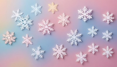 White snowflakes scattered on a pink and blue background