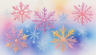 Colorful snowflakes fall against a soft, blue sky