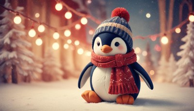 A penguin wearing a winter hat and scarf stands in the snow