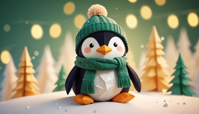 Penguin in a green hat and scarf in winter