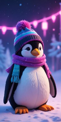 Penguin in hat and scarf stands on snowy ground