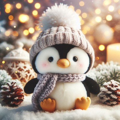 A penguin in a hat and scarf sits in the snow