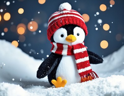 A penguin in a red hat and scarf stands in snow