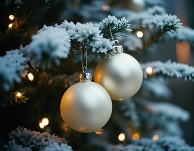 Two white ornaments hang on a snowy christmas tree