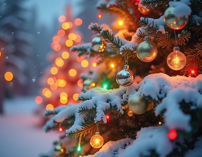 A snowy christmas tree with lights and ornaments