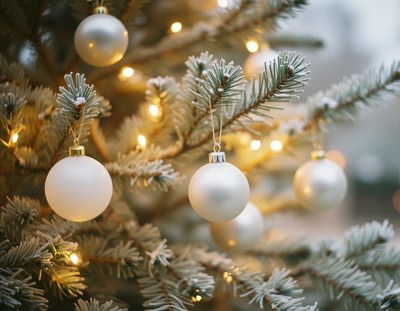 White Ornaments on Lit Christmas Tree