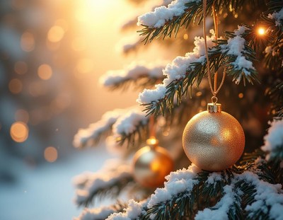 Golden Christmas bauble on snowy tree