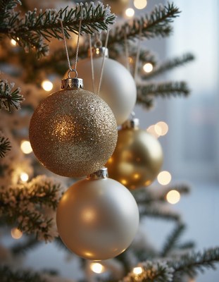 A gold and white ornament hangs on a christmas tree