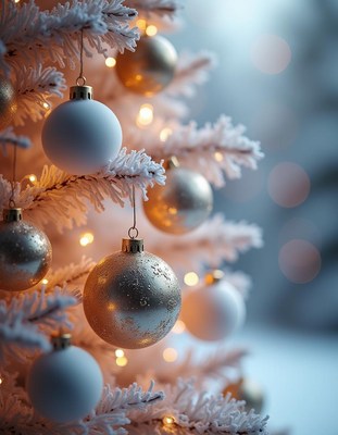 Snowy christmas tree with ornaments and lights