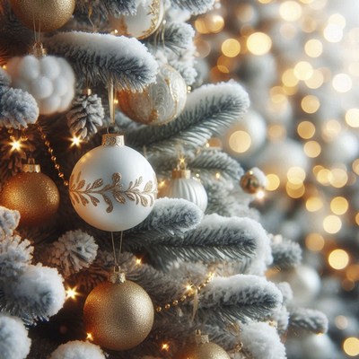 A white and gold ornament hangs on a snowy christmas tree