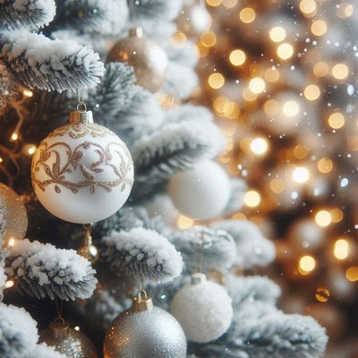 A snowy christmas tree with white and gold ornaments