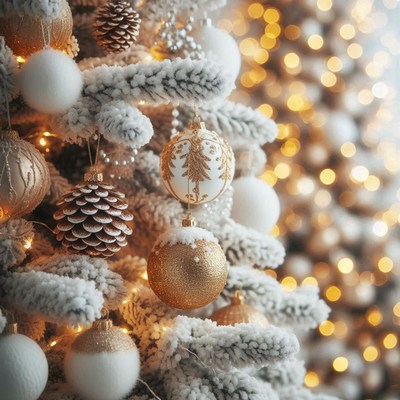 A snowy christmas tree with gold and white ornaments