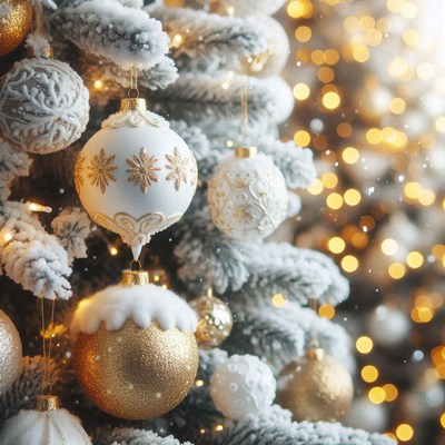 Snowy Christmas Tree with Gold White Ornaments