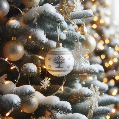 A white and gold ornament hangs on a snowy christmas tree