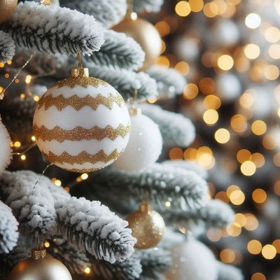 A snowy christmas tree with gold and white ornaments