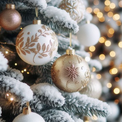 Golden and white ornaments decorate a snowy christmas tree