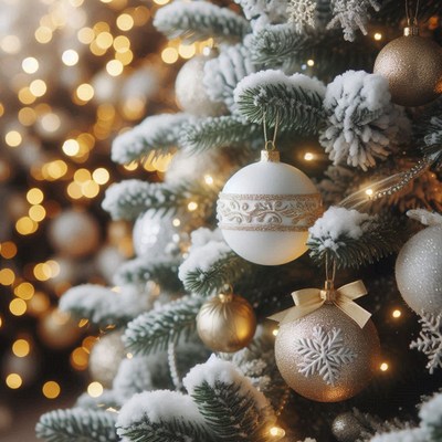 A snowy christmas tree with gold and white ornaments