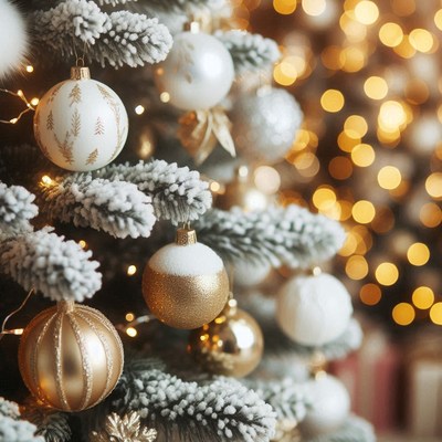 A snowy christmas tree with gold and white ornaments