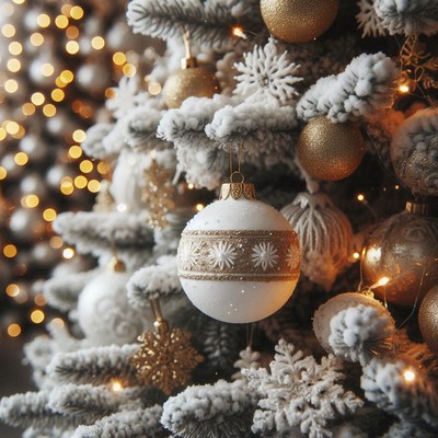 A white and gold ornament hangs on a snowy christmas tree