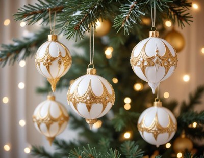White and gold ornaments hang from a christmas tree