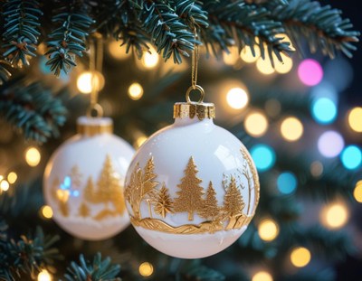 White ornaments with gold trees hang on a christmas tree