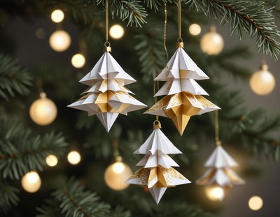 Gold and white origami ornaments hang from a christmas tree
